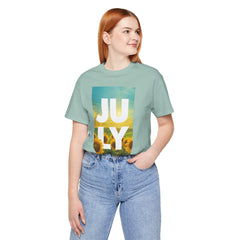 July Sunflower T‑Shirt – Summer Graphic Tee with 'JULY' Text