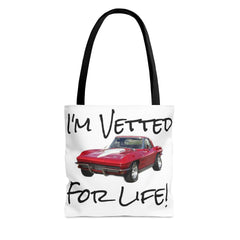 I'm Vetted For Life! / Tote Bag (AOP) / for him / for her / collector car / Chevrolet Corvette / Chevy / Little RED Corvette /
