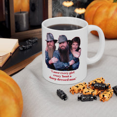 Cause every girl crazy 'bout a sharp-dressed man / ZZ Top / 80s Music / Eliminator / Red on White Mug / See Our Matching T Shirts