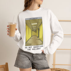 Crewneck Sweatshirt "Do Not Question the Hallway" – Retro Yellow Corridor Graphic