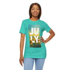 July Sunflower T‑Shirt – Summer Graphic Tee with 'JULY' Text