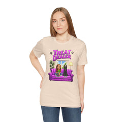 Personalized Treat Dealer T-Shirt — Funny Pet Lover Tee with Girl and Dog on Purple Couch