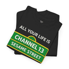 FUNNY T SHIRT  ALL YOUR LIFE IS CHANNEL 13 SESAME STREET WHAT DOES IT MEAN? MUSIC LYRICS. Unisex Heavy Cotton Tee