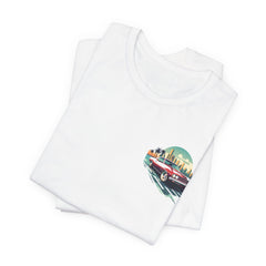 Vintage Car Graphic Tee - Sunset Cityscape Design