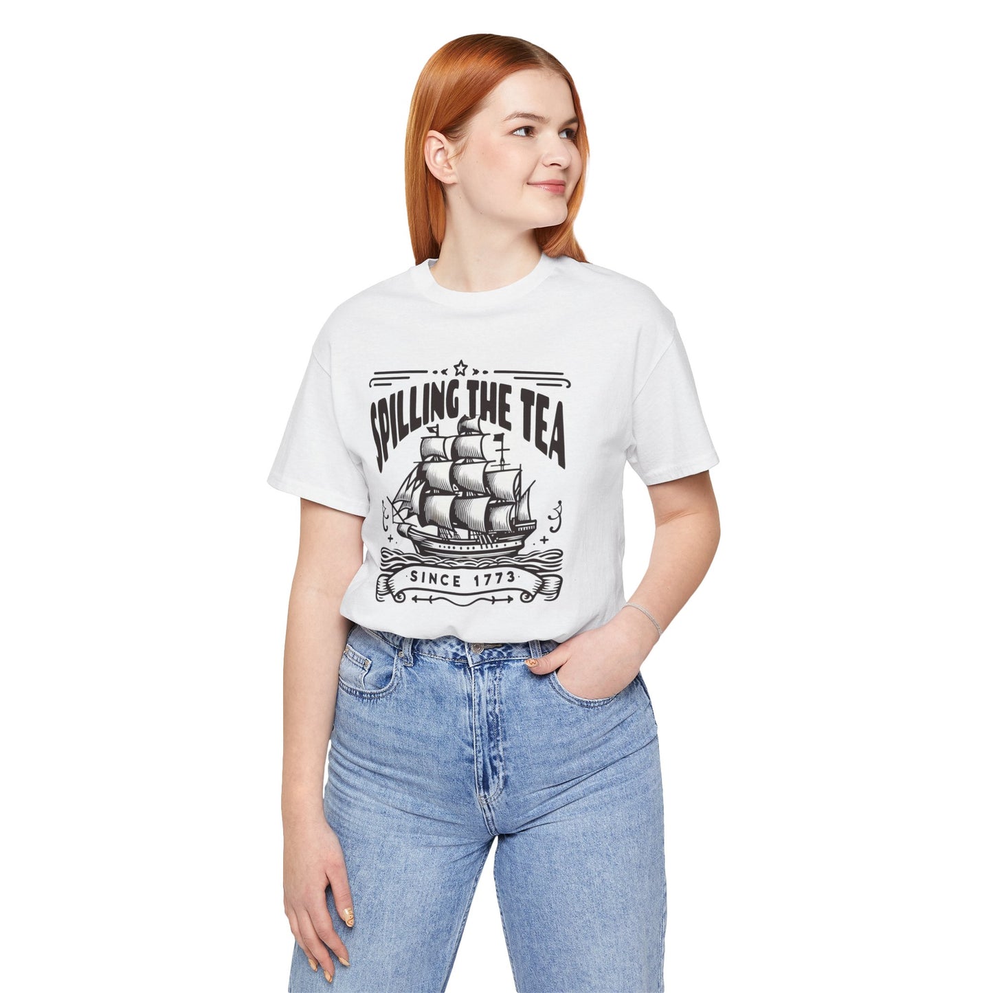 Spilling The Tea Since 1773, Sailing Ship Graphic, Unisex Jersey Short Sleeve Tee