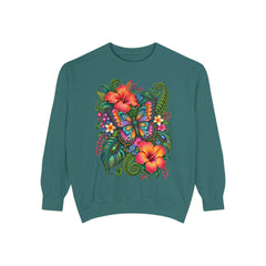 Floral Butterfly Sweatshirt — Tropical Hibiscus Garden Crewneck