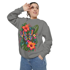 Floral Butterfly Sweatshirt — Tropical Hibiscus Garden Crewneck