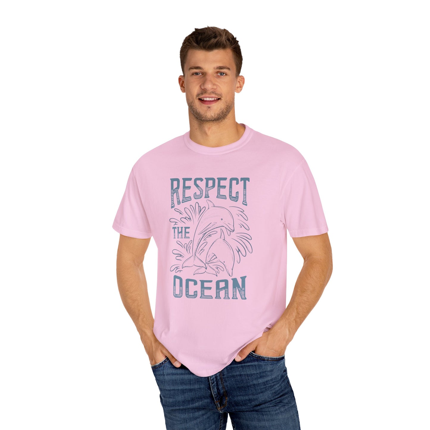 Dolphin, Respect The Ocean -  Graphic Unisex Garment-Dyed T-shirt