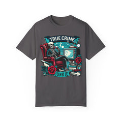 True crime junkie tshirt, vintage style tee, skeleton graphic tee, relaxed fit tee, crime lover, mystery lover, stylish tshirt for her/him.