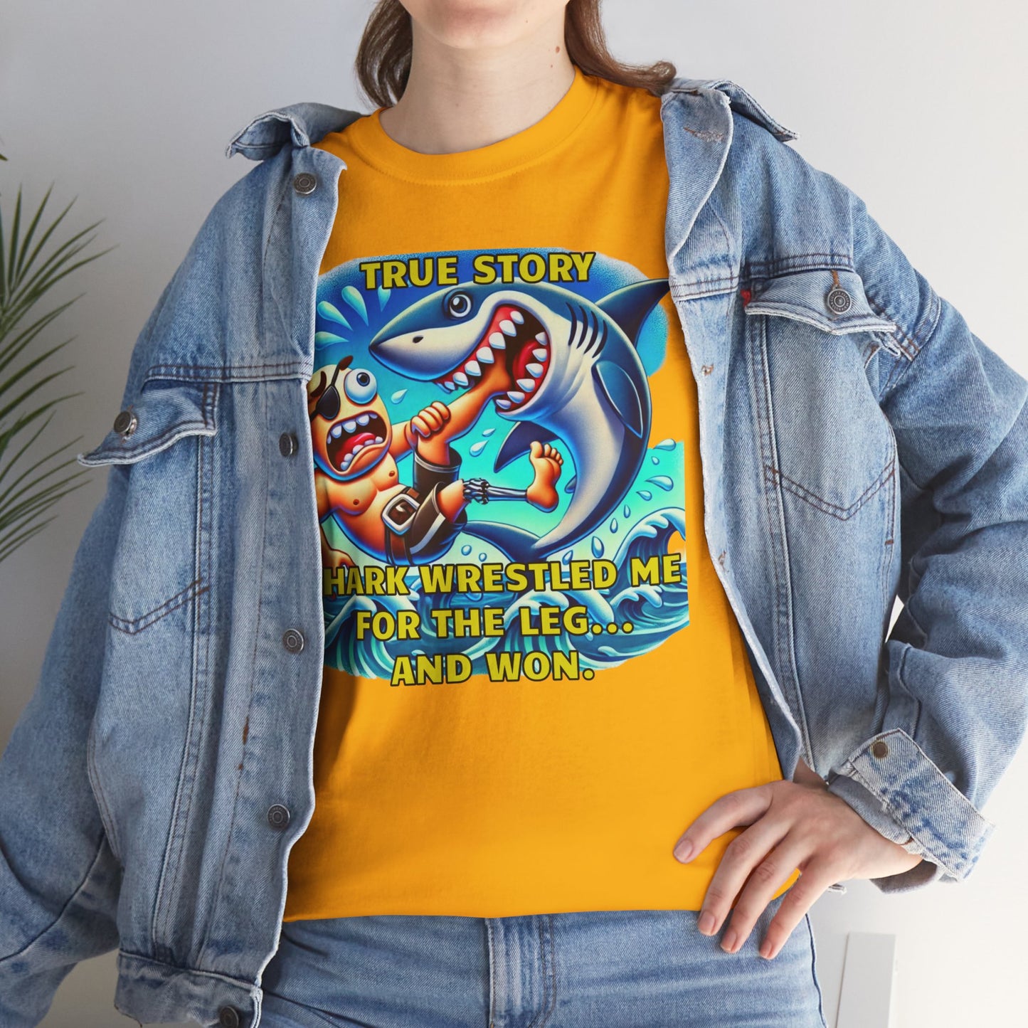 Amputee Humor True Story Shark Wrestled Me For The Leg, And Won - Unisex Heavy Cotton Tee