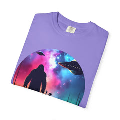 Bigfoot & Alien Nightscape T-Shirt — Sasquatch UFO Graphic Tee