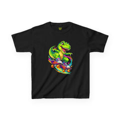 Kids Skateboarding T‑Rex Tee — Neon Dino Skateboard Shirt for Boys & Girls