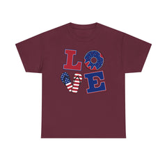 LOVE red white and blue graphics Unisex Heavy Cotton Tee / see our matching T Shirt , coffe mugs and tote bags
