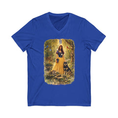 Forest Maiden V-Neck Tee — Woman with Dog & Nature Illustration