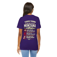 Montana Rules Tee - “3 Things You Don’t Do in Montana: Don’t Pet the Buffalo, Outdrink Canadians, Mess with Cowboy Music”