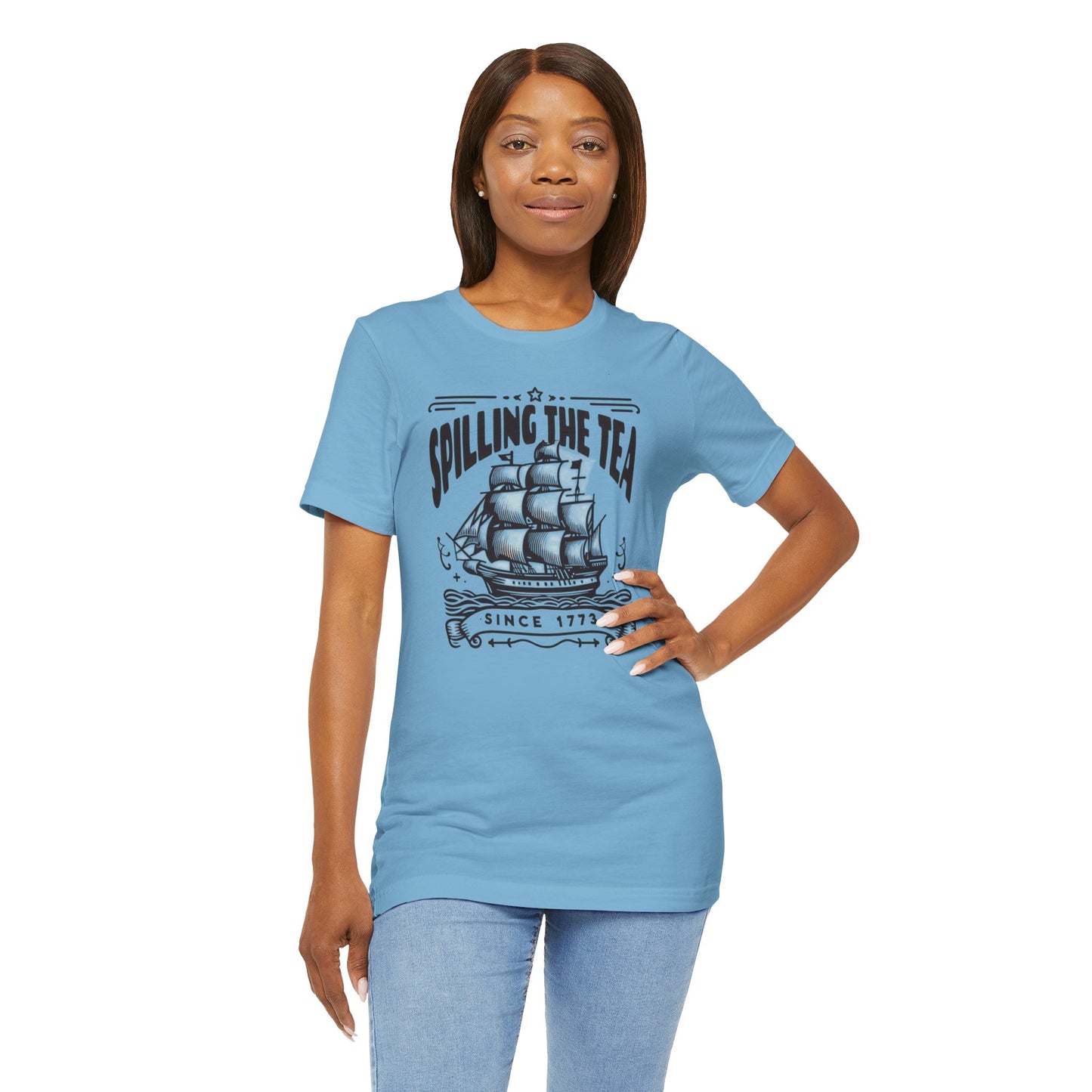 Spilling The Tea Since 1773, Sailing Ship Graphic, Unisex Jersey Short Sleeve Tee