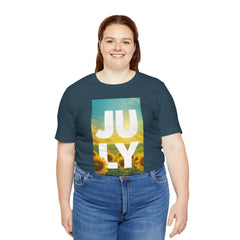 July Sunflower T‑Shirt – Summer Graphic Tee with 'JULY' Text
