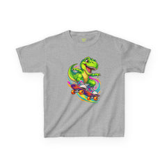 Kids Skateboarding T‑Rex Tee — Neon Dino Skateboard Shirt for Boys & Girls