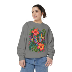 Floral Butterfly Sweatshirt — Tropical Hibiscus Garden Crewneck