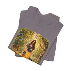 Fairy Tale Forest Tee — Woman with Dog Vintage Fantasy Graphic Shirt
