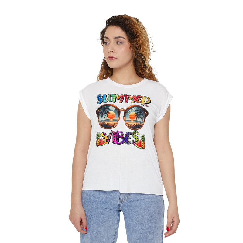 Summer Vibes graphic tee, womens graphic tee, flowy muscle tee, rolled cuffs shirt, women's shirt, summer t-shirt, camping shirt, outdoor apparel, adventure clothing, nature lover gift, gift for camper, hiking t-shirt, wanderlust apparel.