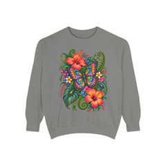 Floral Butterfly Sweatshirt — Tropical Hibiscus Garden Crewneck