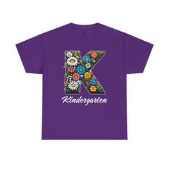 Kindergarten Floral Letter Tee, Kids Birthday Gift, Teacher Appreciation Shirt, Spring Celebration Tee, Unisex Cotton Tee