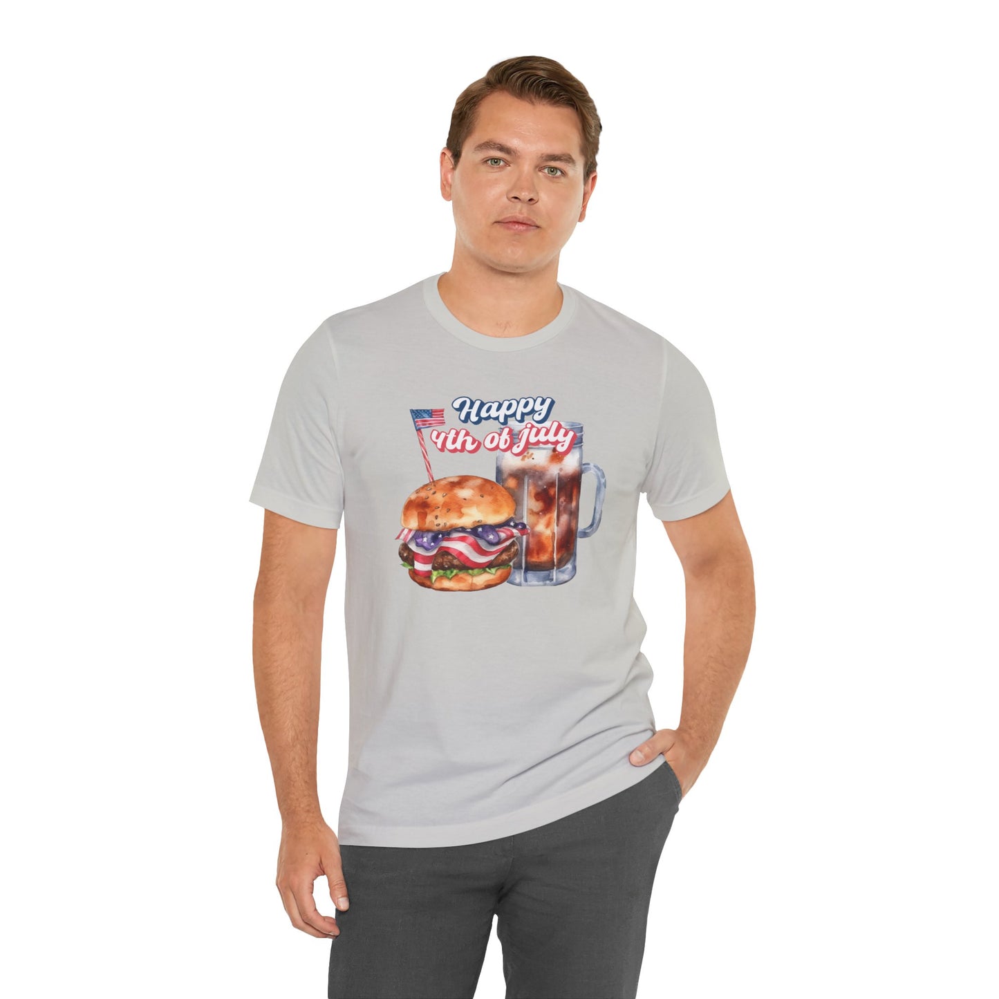 Happy 4th Of July Burger and Mug Graphic, Unisex Jersey Short Sleeve Tee