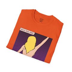 WILD AND FREE Pop Art Blonde Hair Girl with denim shorts and no top Unisex Softstyle T Shirt
