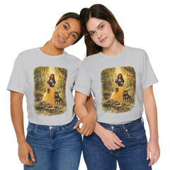 Fairy Tale Forest Tee — Woman with Dog Vintage Fantasy Graphic Shirt