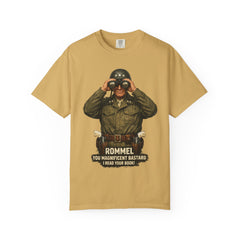 Graphic T-Shirt — Vintage WWII General George Patton Binoculars Design with "Rommel You Magnificent Bastard" Text