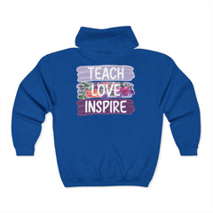 Teach Love Inspire Hoodie - Cozy Unisex Zip-Up Sweatshirt for Educators and Motivators