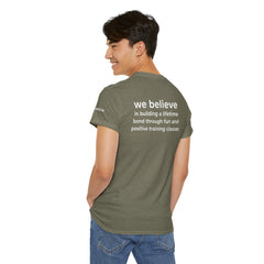 Dog Trainer T‑Shirt — "dog trainer." Front Logo with "we believe..." Positive Training Back Text
