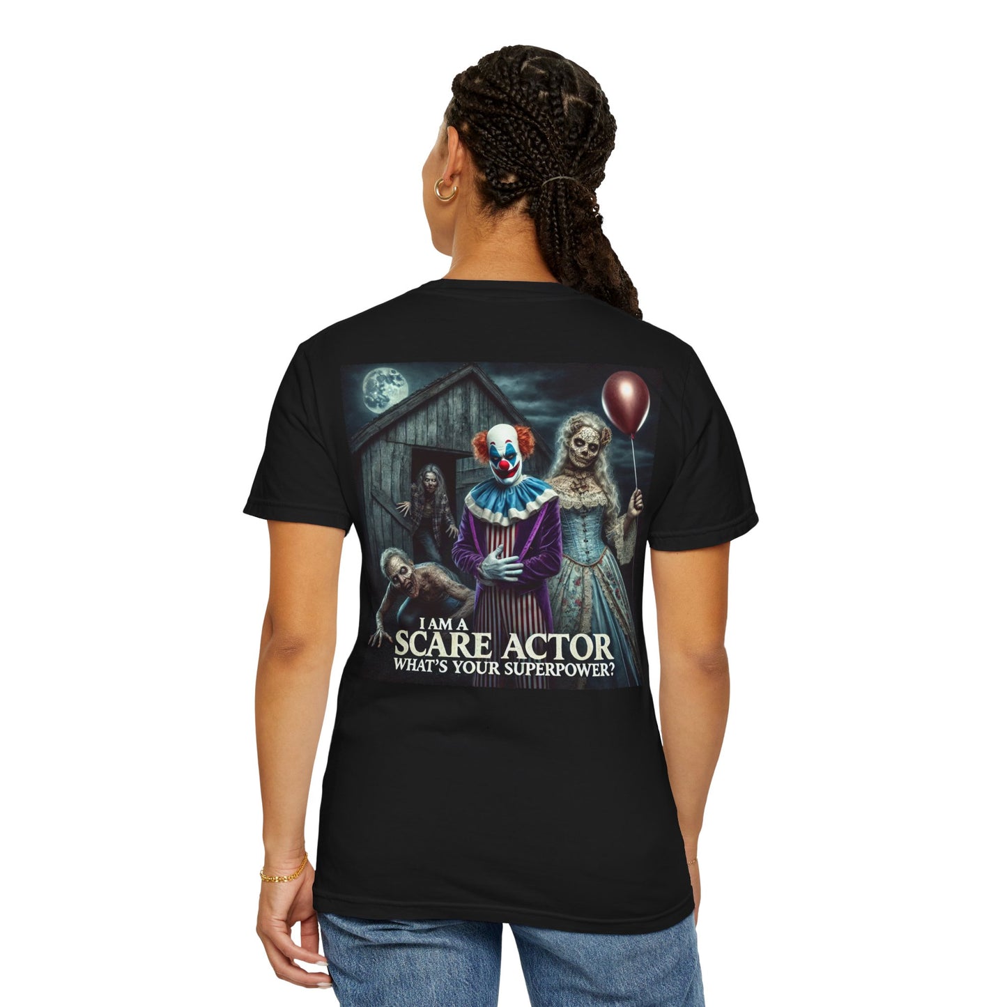 Scare Actor Front and Back - Graphic Unisex Garment-Dyed T-shirt