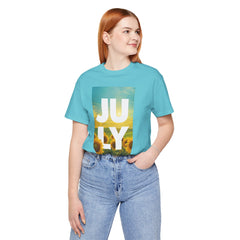 July Sunflower T‑Shirt – Summer Graphic Tee with 'JULY' Text