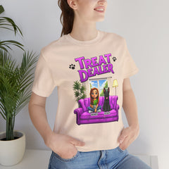 Personalized Treat Dealer T-Shirt — Funny Pet Lover Tee with Girl and Dog on Purple Couch