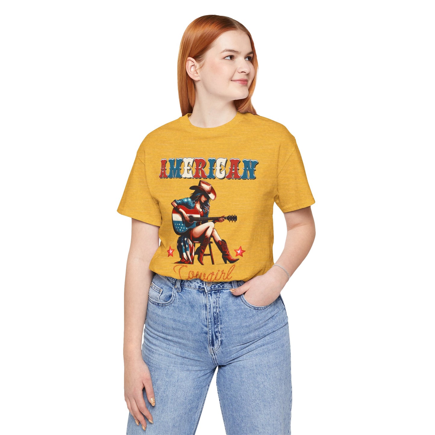 American Cowgirl, Playing Guitar Graphic, Unisex Jersey Short Sleeve Tee