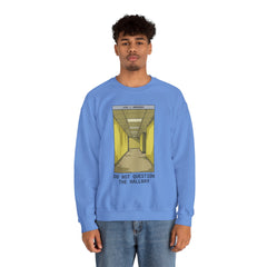 Crewneck Sweatshirt "Do Not Question the Hallway" – Retro Yellow Corridor Graphic