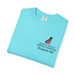 Elizabeth Gill Front Logo Back Graphic Baldwin Harbor Animal Hospital "Who Let the Cats Out?" T Shirt