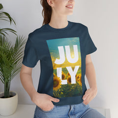 July Sunflower T‑Shirt – Summer Graphic Tee with 'JULY' Text