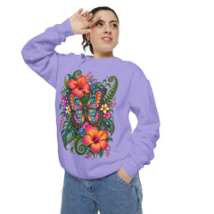 Floral Butterfly Sweatshirt — Tropical Hibiscus Garden Crewneck