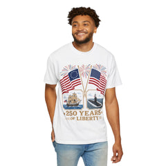 250 Years of Liberty T-Shirt — Patriotic American Flag & Historic Ship Design