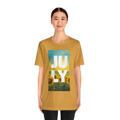 July Sunflower T‑Shirt – Summer Graphic Tee with 'JULY' Text