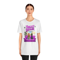 Personalized Treat Dealer T-Shirt — Funny Pet Lover Tee with Girl and Dog on Purple Couch