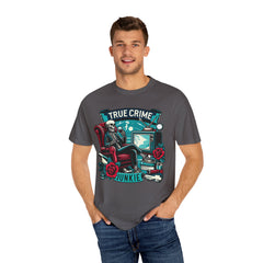 True crime junkie tshirt, vintage style tee, skeleton graphic tee, relaxed fit tee, crime lover, mystery lover, stylish tshirt for her/him.