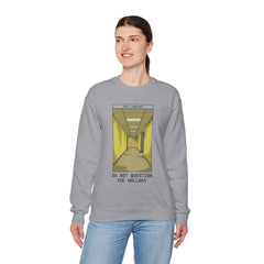 Crewneck Sweatshirt "Do Not Question the Hallway" – Retro Yellow Corridor Graphic