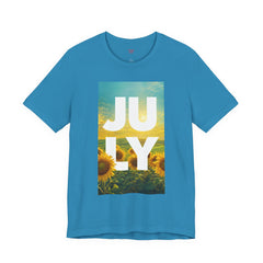 July Sunflower T‑Shirt – Summer Graphic Tee with 'JULY' Text
