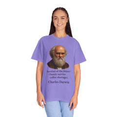 Darwin Coffee Funny T-Shirt — "Survival of the Fittest? I Barely Survive Coffee Shortages."