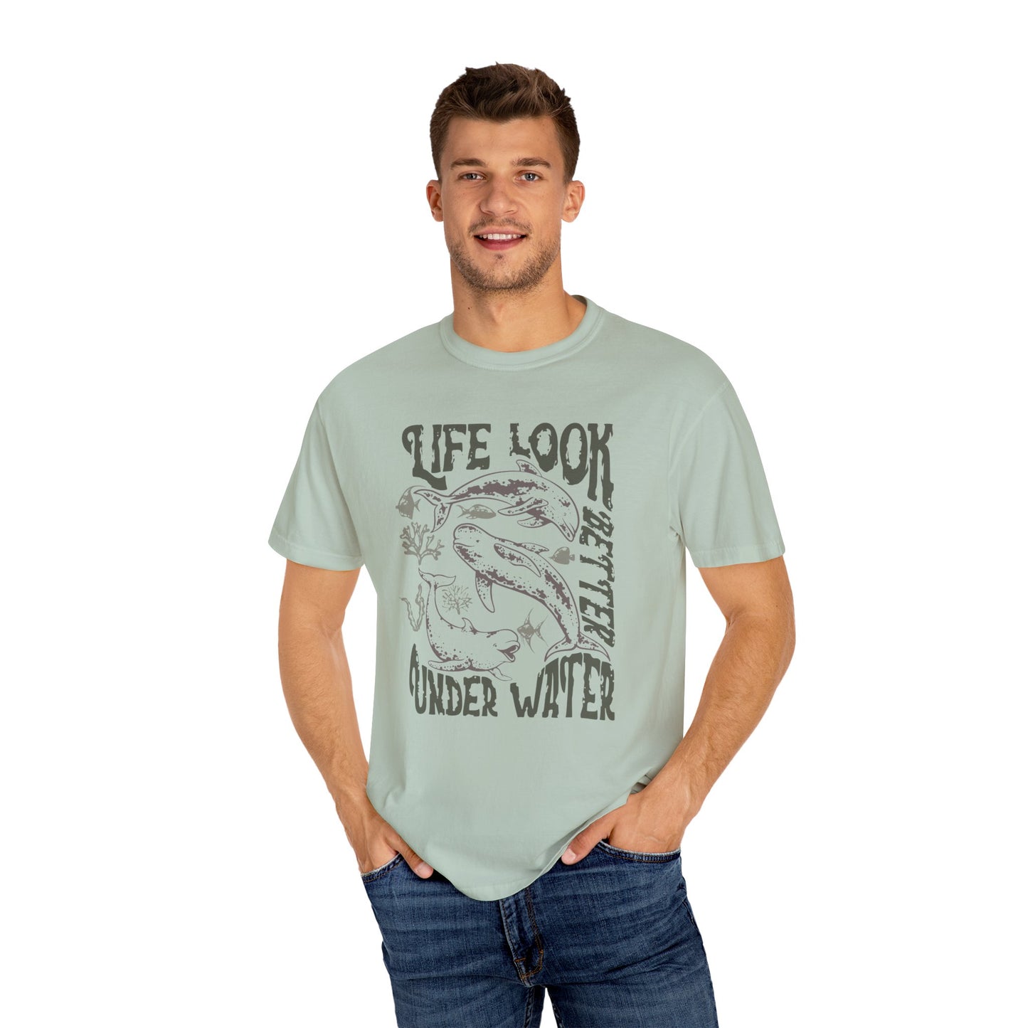 Whales, Life Look Better Under Water -  Graphic Unisex Garment-Dyed T-shirt