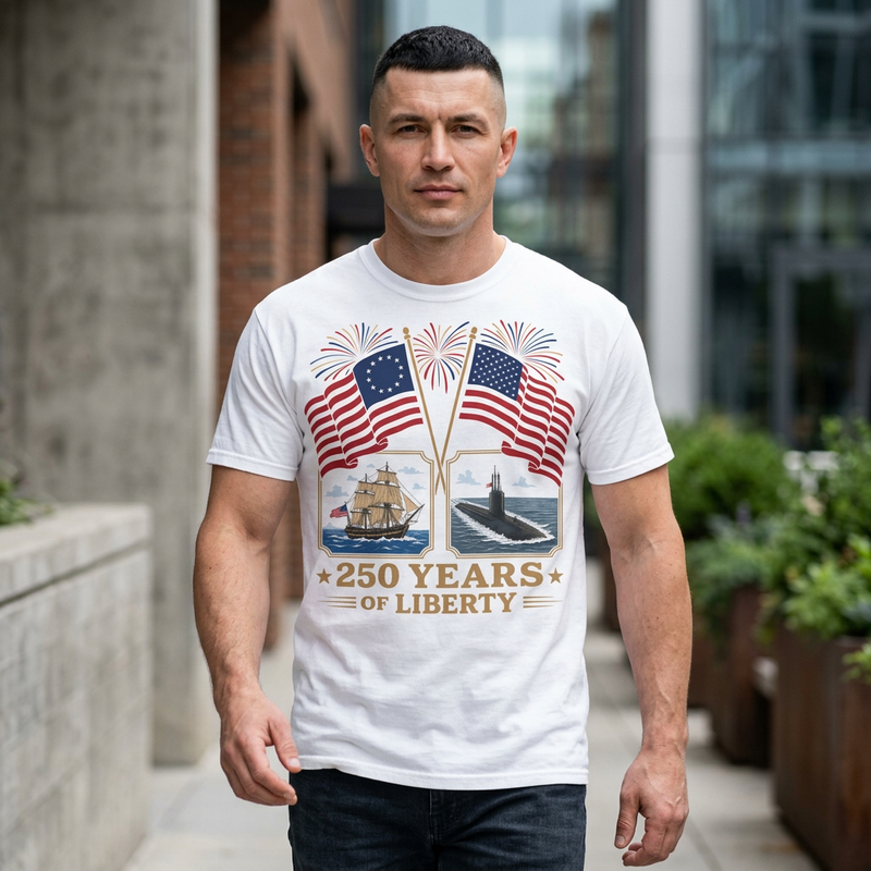 250 Years of Liberty T-Shirt — Patriotic American Flag & Historic Ship Design